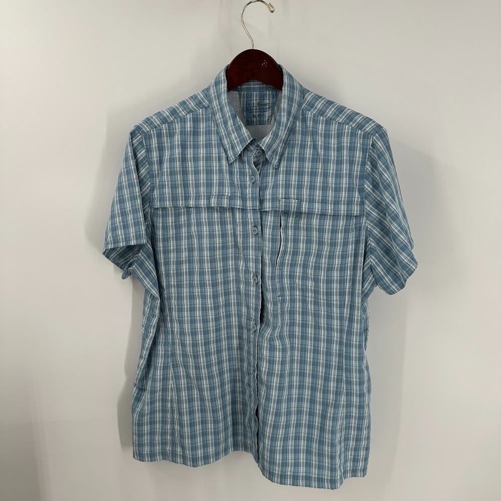 Vintage L.L. Bean Plaid Nylon Outdoor Short-Sleeve‎ Button-Up Shirt Blue Size XL